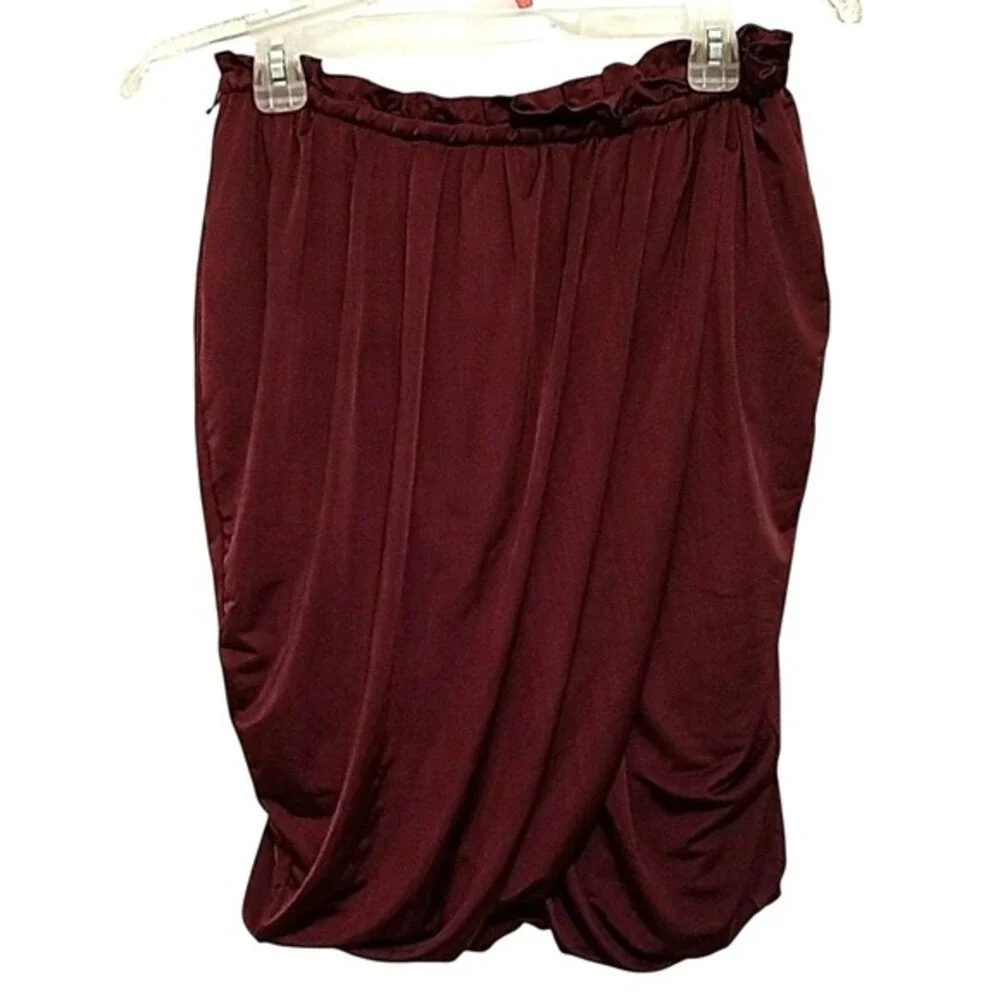 Love21 Tulip Skirt Womens L Burgundy Draped Bubble Hem Wrap Mini Chic Party Boho